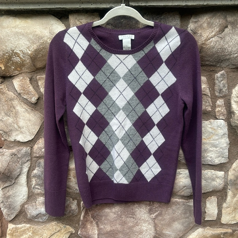 Tweeds Cashmere Sweater Argyle Purple Long Sleeve Size Small Preppy Classic